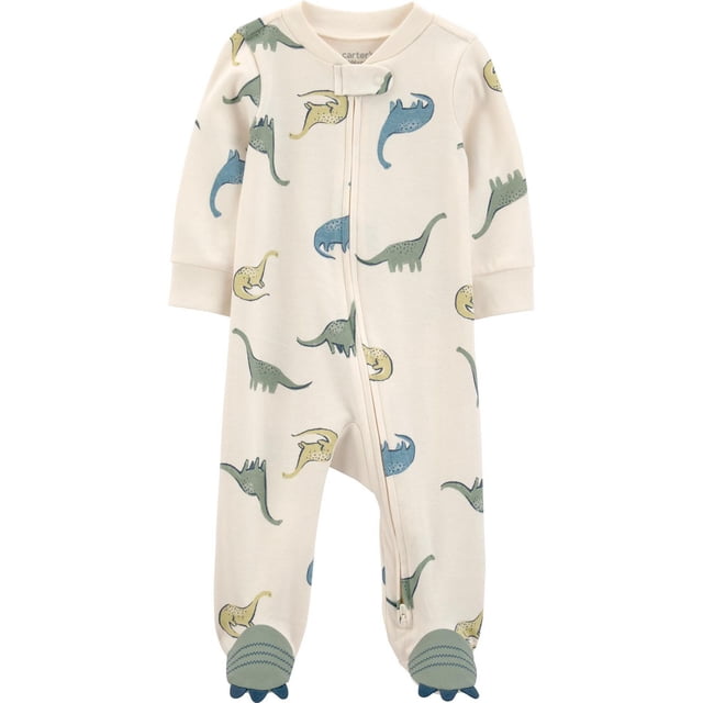 Carter's Child of Mine Pyjama 1 Pce pour Bébé Garçon SNP Dino Dormir et Jouer en Crème avec Imprimé Dinosaure Bleu, Vert et Jaune Partout, Doté d'Une Fermeture Éclair avant Bidirectionnelle pour des Changements de Couche Faciles et de Jambes avec Pieds avec Détails de Griffes Vertes, Fait de 100 % Coton.