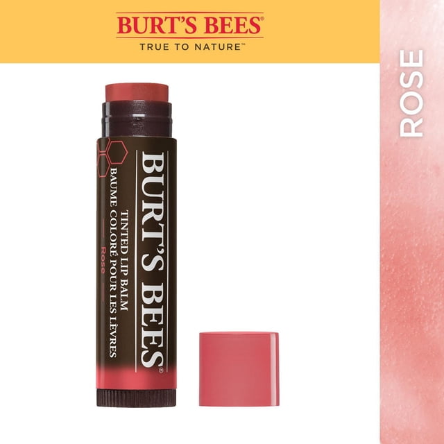 Burt’s Bees 100% Natural Origin Tinted Lip Balm, Rose, showing an open tube with rose-tinted balm and matching cap beside it, labeled in black with white and red text, designed to moisturize and add a sheer rose tint to lips.