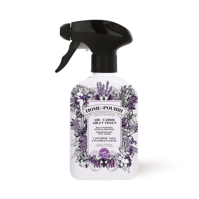 Vaporisateur Polyvalent Home-Pourri 325 ml - Lavande et Sauge dans une Bouteille Vaporisateur en Plastique Blanc avec Gâchette Noire, avec illustrations de Fleurs Violettes et de Chérubins, Conçu pour Neutraliser les Odeurs dans l'Air et les Tissus à l'Aide de la Technologie de Verrouillage Funk Naturelle, Idéal pour Tapis, Canapés et Rideaux.