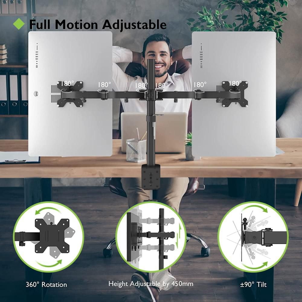 Techly Support de bureau à double moniteur à mouvement complet de 13" à 27" Inclinaison +/-90° Capacité de charge jusqu'à 10 kg x 2 VESA jusqu'à 100x100 mm, Noir
