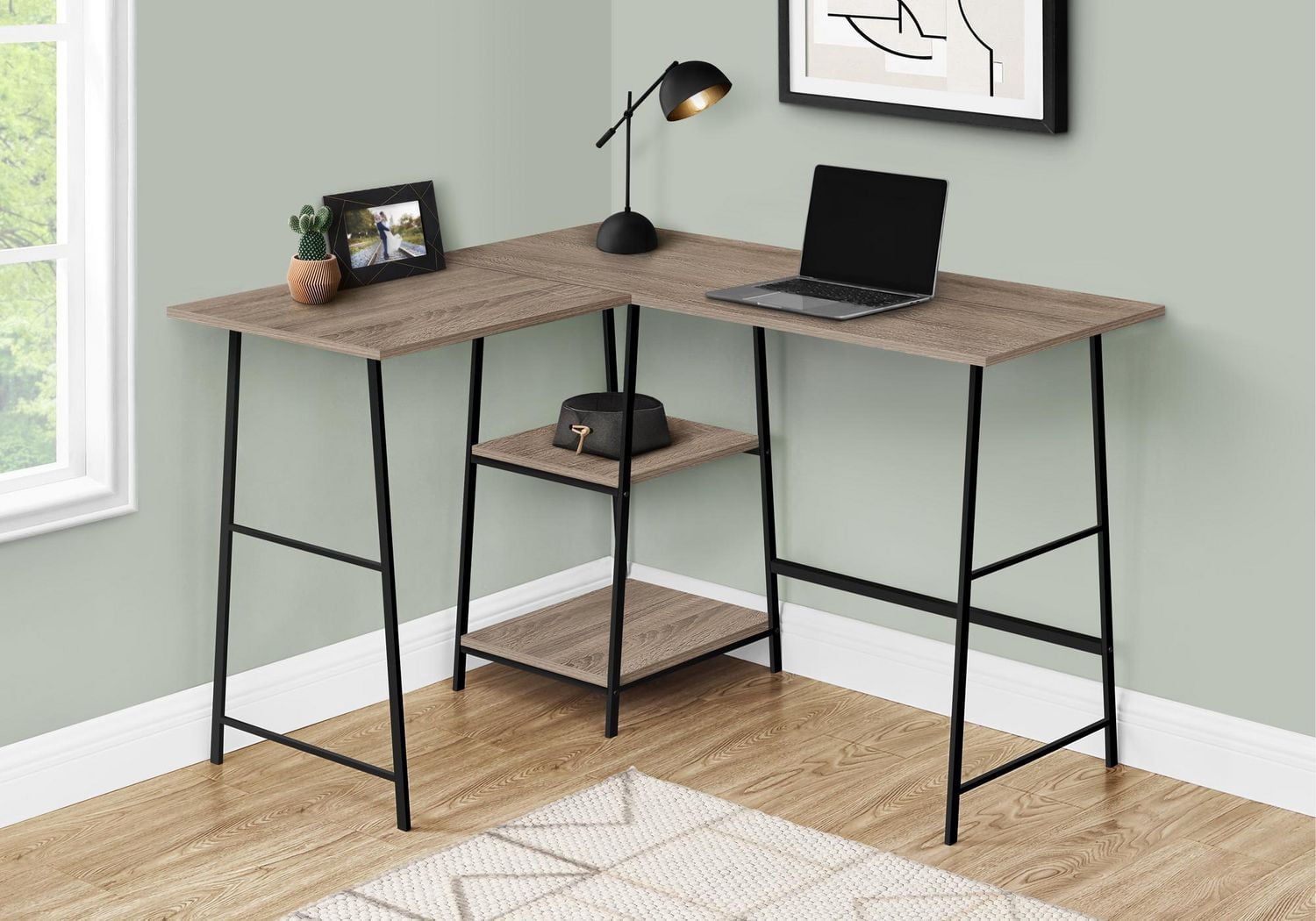 Monarch Specialties Computer Desk, Home Office, Corner, Storage Shelves, 48"l, L Shape, Work, Laptop, Metal, Laminate, Brown, Black, Contemporary, Modern