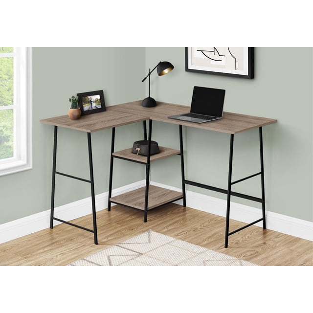 Monarch Specialties Computer Desk, Home Office, Corner, Storage Shelves, 48"l, L Shape, Work, Laptop, Metal, Laminate, Brown, Black, Contemporary, Modern