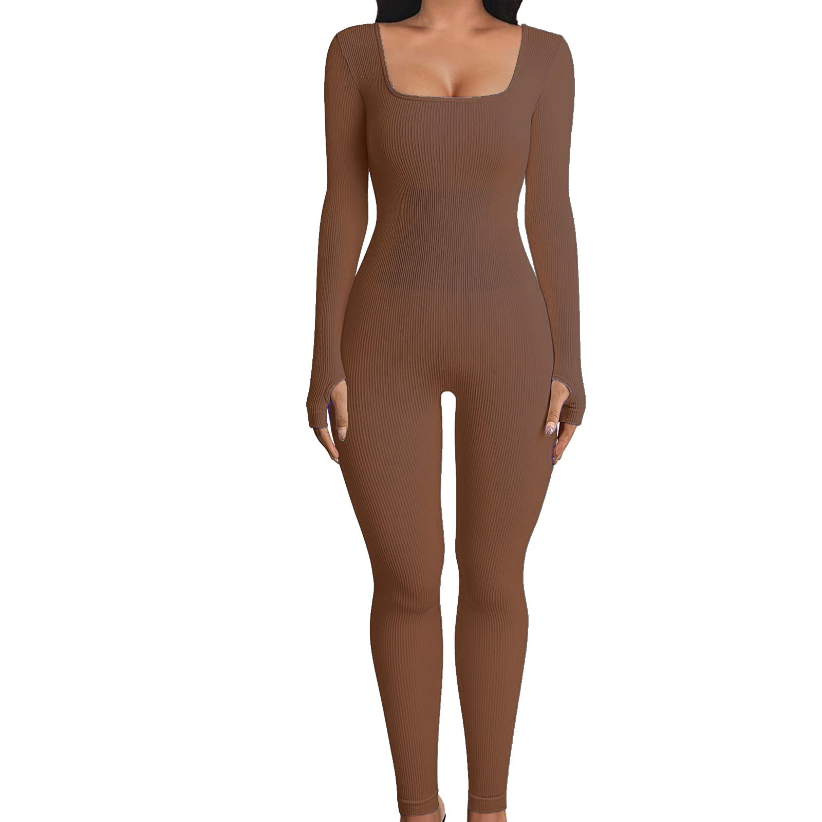 Gupgi Women Long Sleeve Yoga Jumpsuits Workout Ribbed Bodycon Romper One-Piece Sport Bodysuit