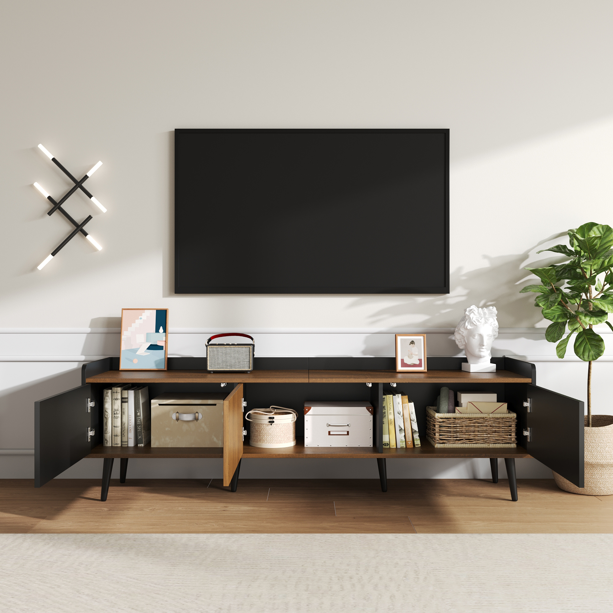 Noble House Meuble TV, Planche Basse avec Trois Portes, texture Fine. Noir