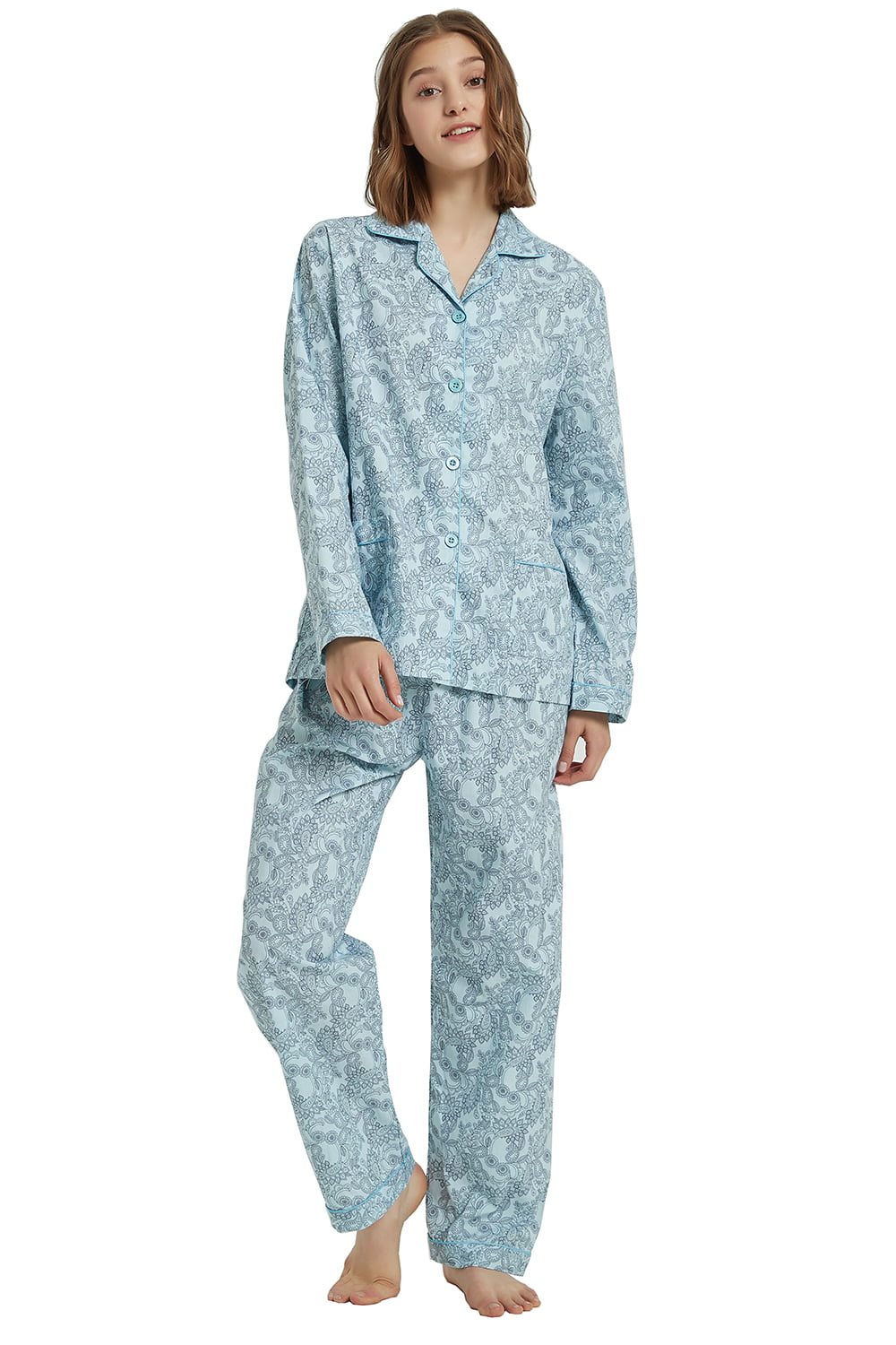 GLOBAL Womens 100% Cotton Pajamas Set Womens PJs Drawstring Sleepwear for Women,S-XXL