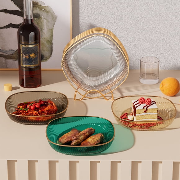 Popular Picks,Four-Pack Transparent PET Tableware Set, Squared Household Dish Set for Snacks, Fruits, and Vegetables, | Plastic, Gold-768 $BS$3