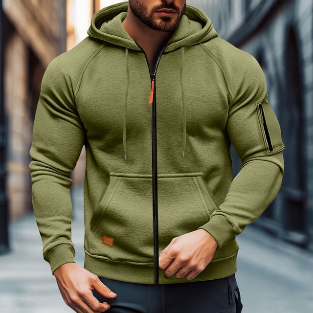 Men's Solid Color Cargo Hooded Jacket with Multiple Pockets, Raglan Long Sleeve, Breathable Nylon Spandex for Sports Training and Casual Outdoor Wear