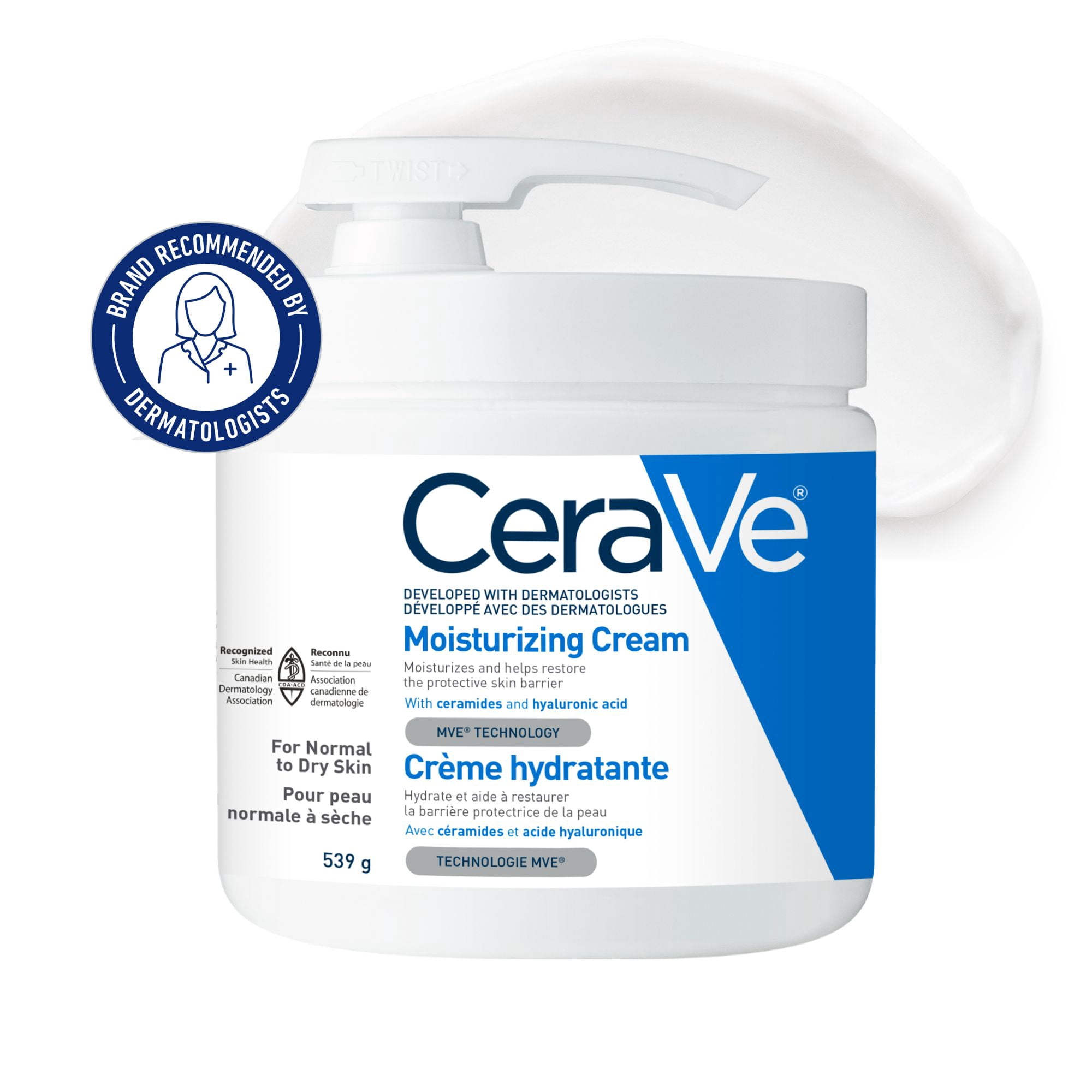 CeraVe Crème Hydratante, Crème Riche pour Visage et Corps avec Céramides pour Peau Sèche, 539 g