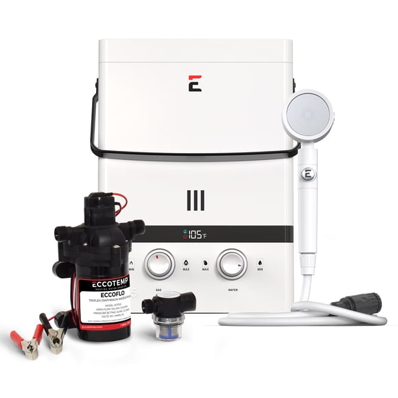 Eccotemp Luxé Chauffe-eau portatif extérieur sans réservoir de 1,5 gal/min avec pompe à membrane EccoFlo 12 V et crépine