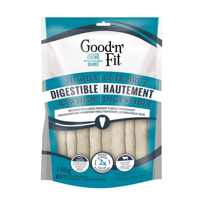 Good'N'Fit Highly Digestible Dental Rawhide Rolls, Small, 10 Count, 150 Grams, for all dogs, front-facing resealable bag showing ten light beige rawhide chew rolls that digest twice as fast as standard rawhide, help reduce tartar buildup, contain no artificial colors or flavors, and provide a great source of protein for dental health.