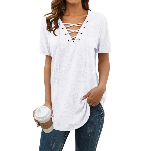 MY Women Solid Color Short Sleeve Tunics Lace-up V Neck Top
