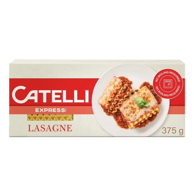Catelli Express Oven Ready Lasagne Pasta 375g box with red and beige packaging showing a plate of baked lasagne topped with melted cheese and basil, designed for easy oven baking without boiling, suitable for quick pantry meals.