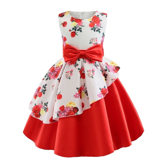 Robes pour Filles Sans Manches Robe de Concours Fête d'Anniversaire Imprimés Floraux Nœud Papillon Robe Princesse Fille Fleur Rouge 5-6 Ans