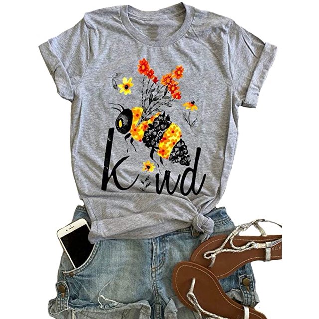 YourTops T-Shirt Graphique pour Femmes Bee Kind (US 2TG, 1-Grey)