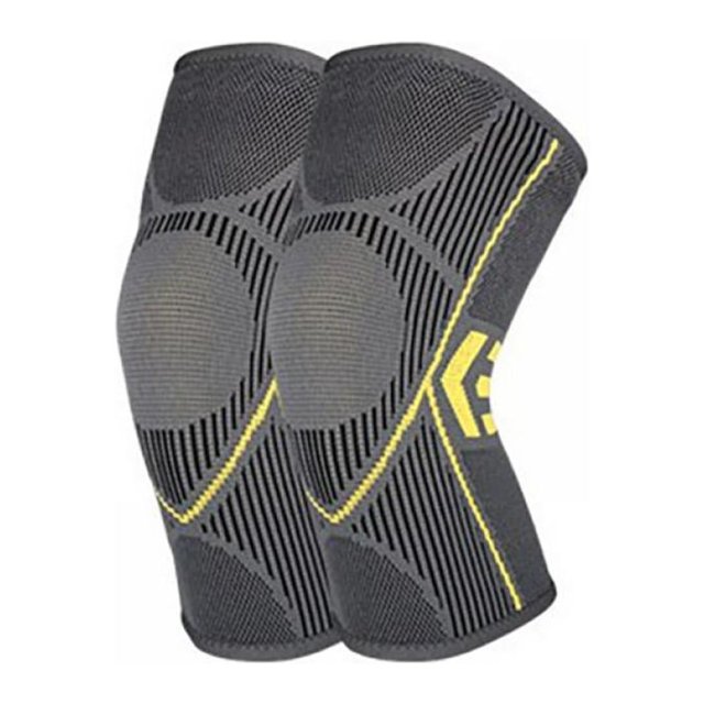 Professional Knee Braces for Knee Pain Women and Men - Knee Compression Sleeve for Arthritis Pain and Support, Meniscus Tear, Sports. A pair of elastic knee braces in dark gray with yellow accents, featuring a high-precision 3D knitting structure for a snug fit. Made from nylon, spandex, latex silk, and silicone, these unisex braces provide 360° compression, joint stability, and non-slip silicone strips for secure wear during activities like running, basketball, and hiking. Available in sizes M, L, and XL.