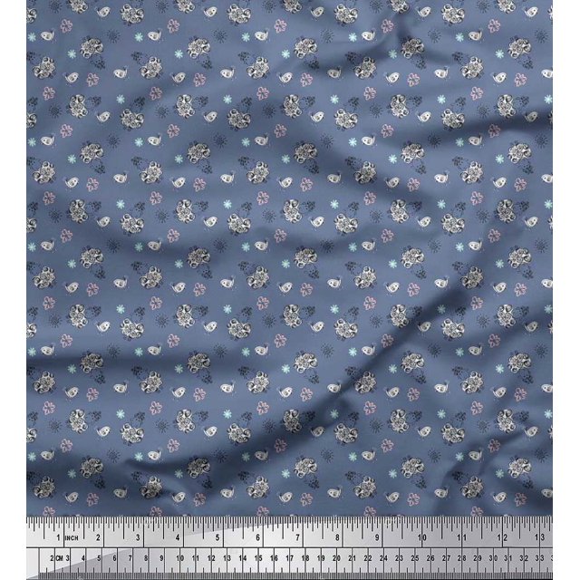 Soimoi Poly Crepe Fabric Floral,Bird & Sheep Kids Fabric Prints by Yard 52 Inch Wide