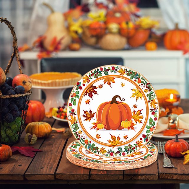 Penkiiy Thanksgiving Party Paper Plate and Napkins Fall Tableware Kit Disposable Plates Napkins Set Thanksgiving Plaid Decorations Paper Plates Napkins Forks for Party Favors