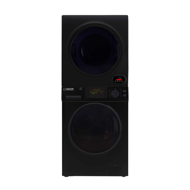 Equator PREMIUM STACKABLE 15 Lbs Washer 1.62cf 110V+Vented DIGI Dryer 3.5cf 110V in a sleek black finish. The stackable design features the Equator EW 826 Super Washer on top and the ED 852 Compact Short Dryer below. The washer offers 12 wash programs, including ECO, Baby, and Delicate, with a Winterize feature for cold climates. The dryer includes Sensor Dry technology and five drying cycles for optimal fabric care. Compact and ideal for small spaces like apartments, RVs, and studios.