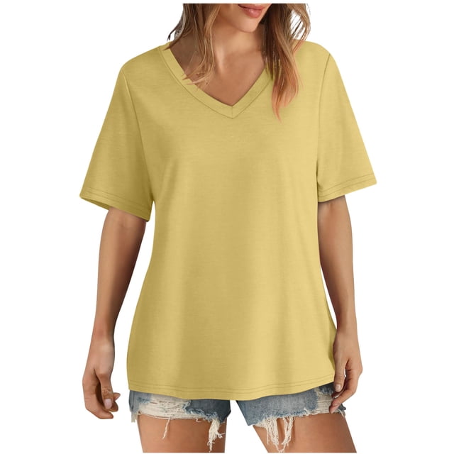 AherBiu Womens Summer Tops Basic V Neck Loose Casual Short Sleeve Solid Color Comfy Daily Tshirts