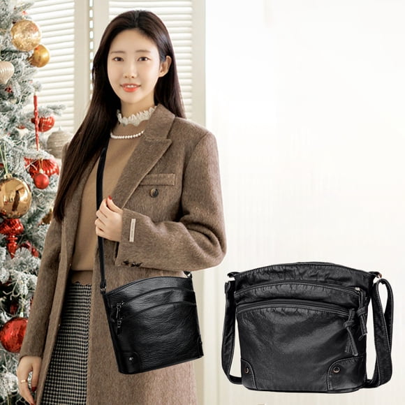 Cagogo Genuine Leather Crossbody Bag, Vintage Style Women's Shoulder Bag, Multi-Layer Bucket Bag for Daily Use, Adjustable Strap, Spacious Organizer, Durable Leather Purse for Women