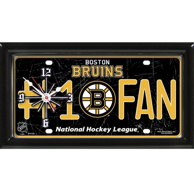 NHL Boston Bruins Wall Clock with a 1-inch black satin-finished frame, featuring a metal license plate design displaying '#1 FAN' in gold and white with the Boston Bruins logo in the center, quartz movement, and measuring 7 by 13 inches, suitable for home décor or fan rooms.