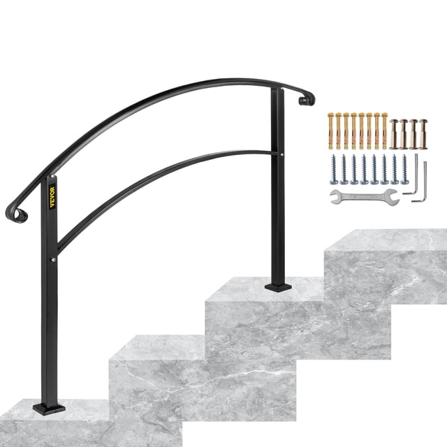 VEVOR Handrail Stair Railing Handrails 3-Step Handrail Fits 1 or 3 Steps Matte Black Stair Rail Wrought Iron Handrail with Installation Kit Hand Rails for Outdoor Steps