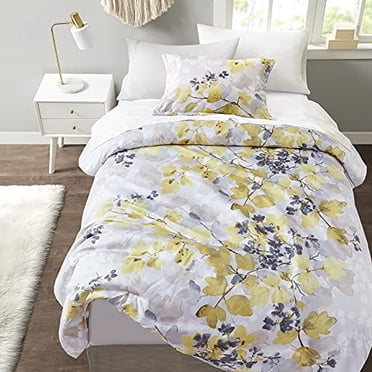 Comfort Spaces Ensemble de Literie Tout-en-un - Couette Douillette au Design Décontracté Tendance avec Ensemble de Draps Complet avec Poche Latérale, Housse Toutes Saisons, Taies d'Oreiller Assorties, Très Grand Simple, Nina, Feuille Jaune/gris 6 Pcs