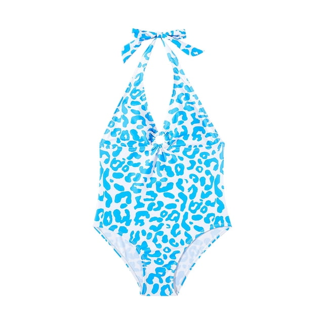 MIASHUI Big Kids Girls Swimsuit Hanging Neck Triangle Swimsuit Milk Leopard Pattern One Piece Blue,14-15 Years