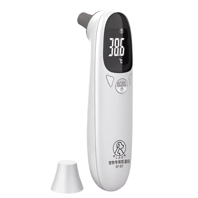 Animal Thermometers For Cats Vet Profession Rechargeable Pet Ear Thermometers front-facing close-up of compact ABS ear thermometer (approx. 12.8 x 3.9 cm / 5.04 x 1.54 in) showing left-side easy-use buttons, clear LED display and USB charging port; weight 51 g, suitable for quick screening during travel or vet visits.