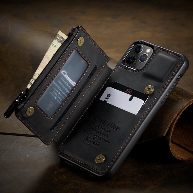 CaseMe Back case Card Slot Retro Matte Synthetic Leather Wallet Zipper Stand Cover for iPhone 13 Pro Max (Black)
