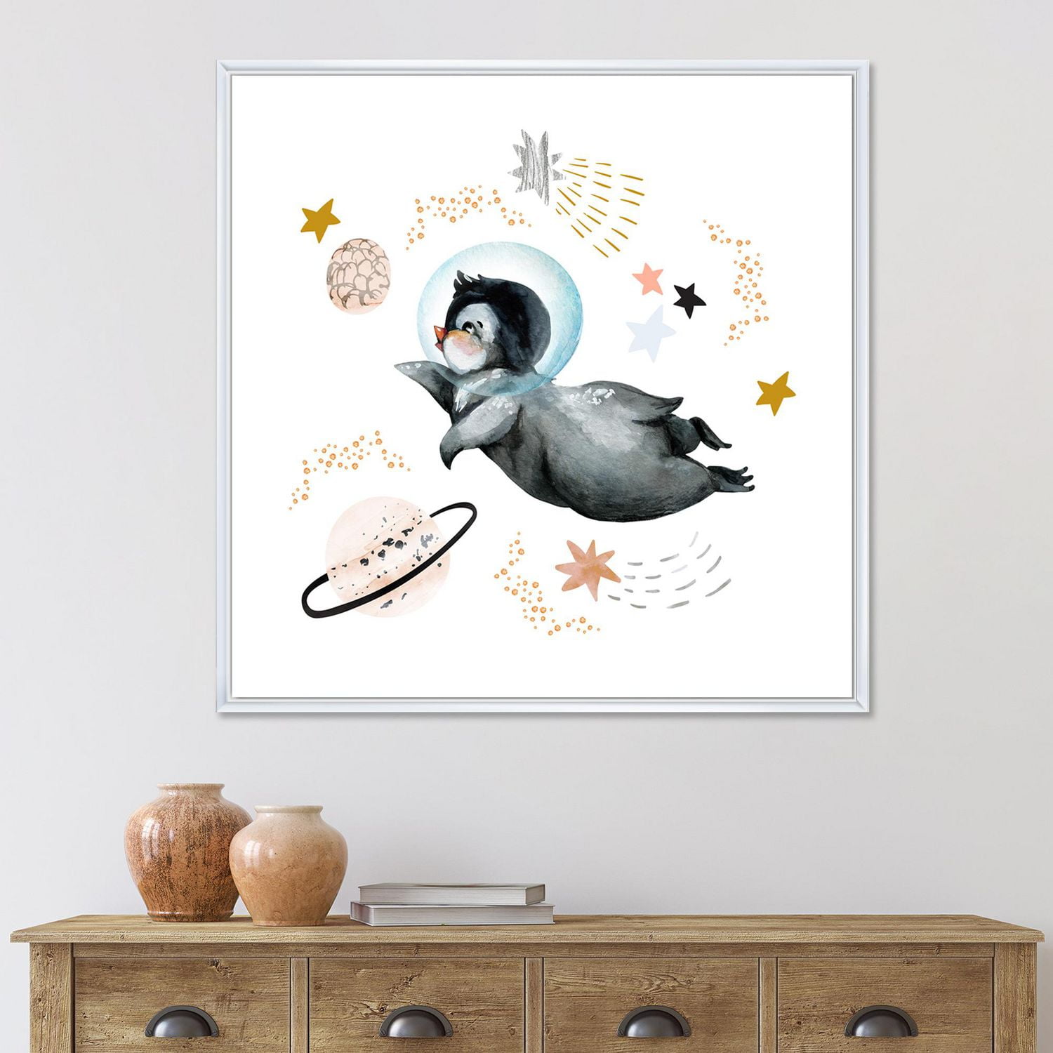 Designart Petit Pingouin Volant Étoiles et Planètes II ART MURAL À CADRE FLOTT