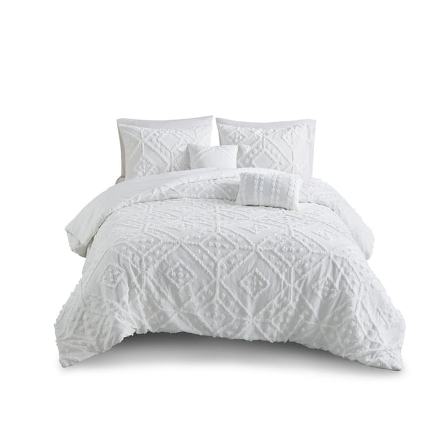 Home Trends 5pc Comforter Set in all-white cotton-rich fabric with a diamond chenille tufted pattern, including a comforter, two shams, one square and one oblong decorative cushion, suitable for creating a serene bedroom atmosphere.