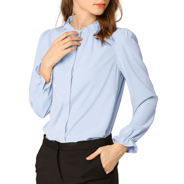 INSPIRE CHIC Women's Ruffled Trim Button Down Stand Collar Long Sleeve Blouse Top