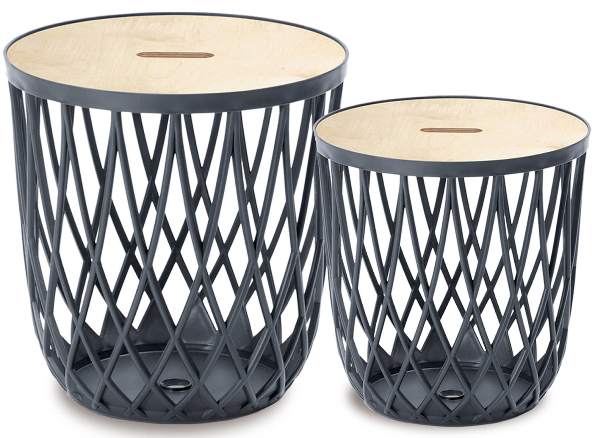 PRISP Timballa Tables Basses Gigognes - Ensemble de 2 Tables d'Appoint Rondes avec Rangement et Couvercles en Bambou; Tables de Bout Panier pour Salon, Chambre, Patio, Balcon et Déco Maison