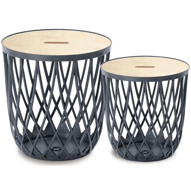 PRISP Timballa Nesting Coffee Tables, a set of two round accent tables with storage and bamboo lids. The tables feature a contemporary design with black plastic basket-style bases and natural bamboo tops. Includes a small table (40 cm) and a larger table (45 cm), suitable for living rooms, bedrooms, patios, balconies, or home decor. The removable lids reveal spacious storage compartments for blankets, books, toys, or magazines.