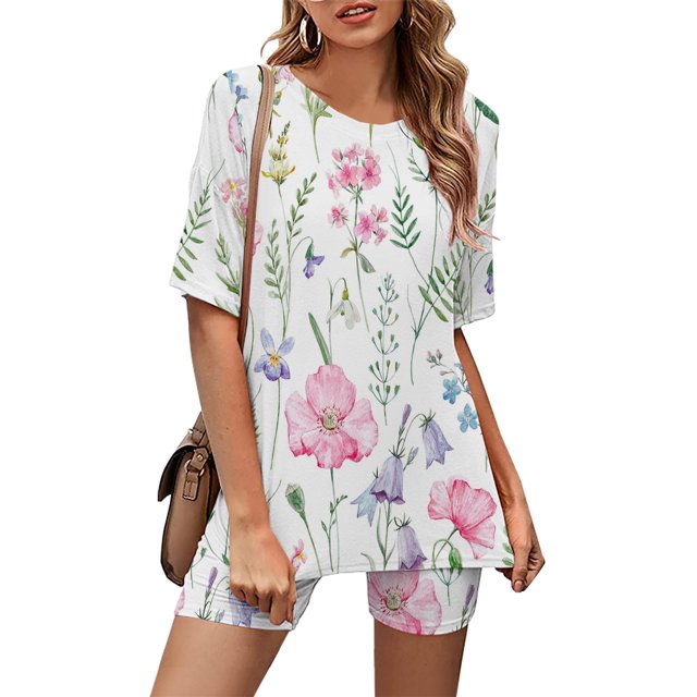 Ensembles d'Entraînement pour Femmes 2 Pcs Mode pour Femmes Blouse à Col Rond Hauts à Manches Courtes Shorts Ensembles de Tenue Décontractée Ensembles de Détente d'Été pour Femmes en Liquidation
