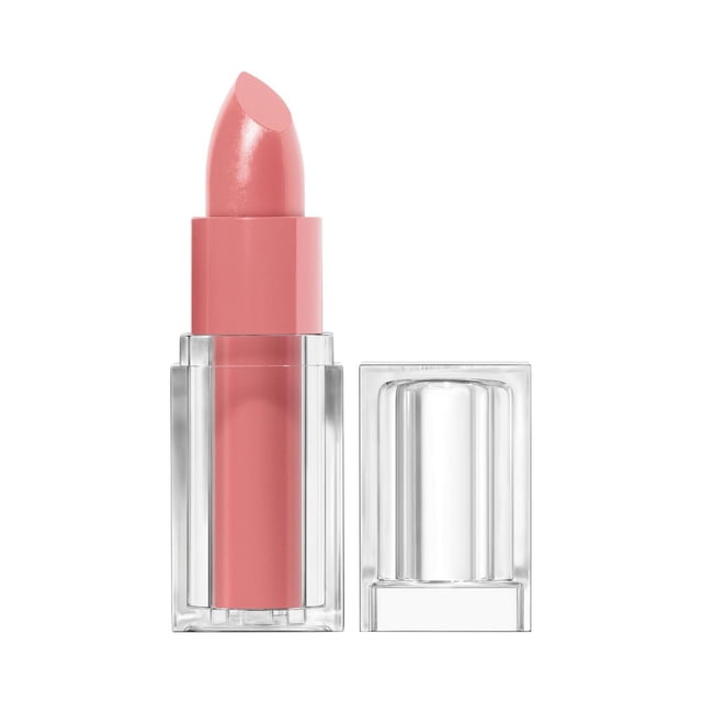 Clean Lip Color satin finish lipstick in pink with 24-hour wear, in a clear rectangular plastic case, infused with 3% squalane, avocado, and aloe for full coverage hydration and non-drying, vegan, cruelty-free lip color ideal for smooth, comfortable wear.
