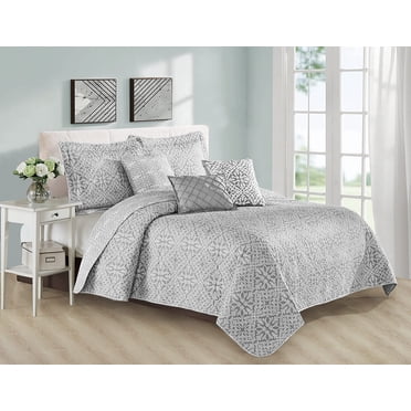Home Soft Things 6 Piece Bellamy Print Microfiber Quilts Coverlet Set King Size 102" x 90" Bed Cover, Gray Soft Lightweight Reversible Bedspread Bedding Set with Matching Shams Pillows