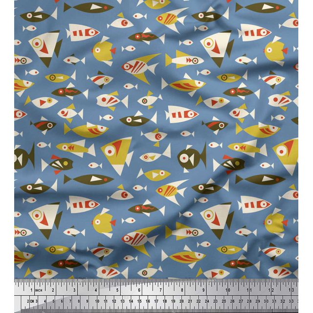 Soimoi Blue Moss Georgette Fabric Fish Ocean Print Sewing Fabric Yard 42 Inch Wide