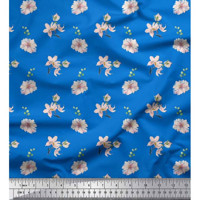 Soimoi Blue Poly Georgette Fabric Leaves & Freesia Floral Printed Fabric 1 Yard 42 Inch Wide