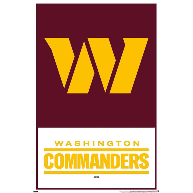NFL Washington Commanders - Logo 22 Wall Poster, 22.375" x 34", displays a large yellow stylized 'W' on a burgundy background above 'WASHINGTON COMMANDERS' in yellow uppercase letters on a white block with 'EST. 1932' in small black text, printed on glossy paper, ideal for bedroom or office wall decor.