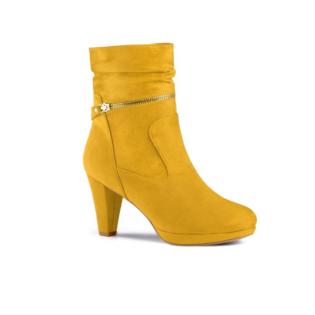Unique Bargains Bottines à Talon à Bout Rond à Enfiler avec Fermeture Éclair pour Femme Jaune (Taille 8)