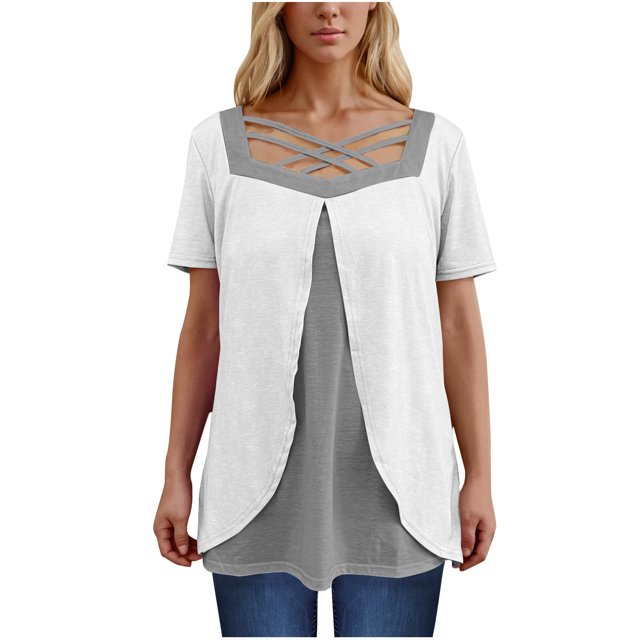 Timegard Hauts d'Été pour Femmes Grande Taille Col en V Carré à Croisillons Manches Courtes Décontracté Confortable Hauts Blouse