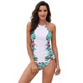 thumbnail image 1 of Women White/Black Leaf & Flower Print Ruched Tankini Set, 1 of 5