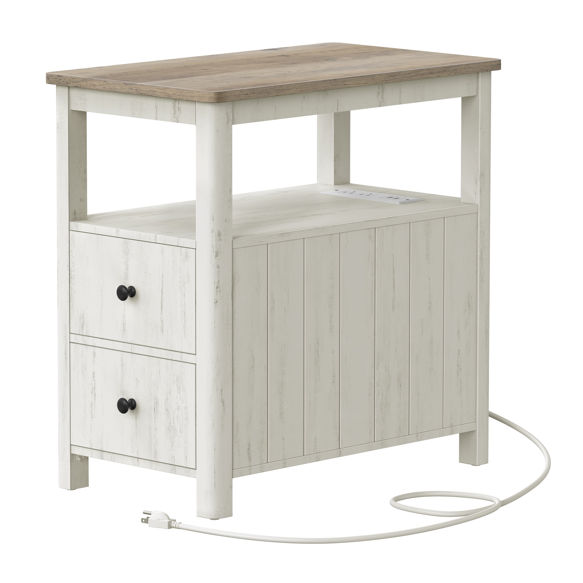 VASAGLE Side Table with Charging Station, Narrow Nightstand with 2 Drawers, Living Room End Table with Storage, for Small Spaces, Coastal Style, Vintage White and Heather Greige