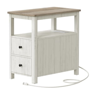 VASAGLE Table de chevet avec station de recharge, Table de nuit étroite avec 2 Tiroirs, Table de fin de salon avec rangement, pour petits espaces, style côtier, Vintage Blanc et Heather Greige