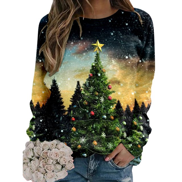 MAWCLOS Sweat-Shirt de Noël pour Femmes Col Rond Sweat-Shirts de Noël Imprimé Élan Pull Décontracté Manches Longues Vert Arbre de Noël m