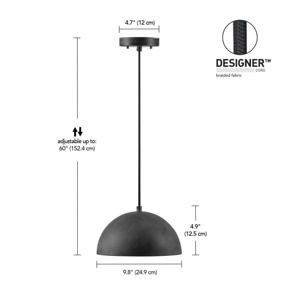 1-Light Pendant Lighting with Concrete-Look Shade and Black Fabric Hanging Cord