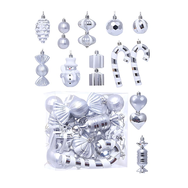TopLLC 32 Pcs Christmas Tree Hanging Ornaments Set, Pre-Tied Shatterproof Plastic Assorted Baubles with Rope, Glitter Xmas Tree Decorative Pendants Christmas Decorations for Party Holiday Wedding