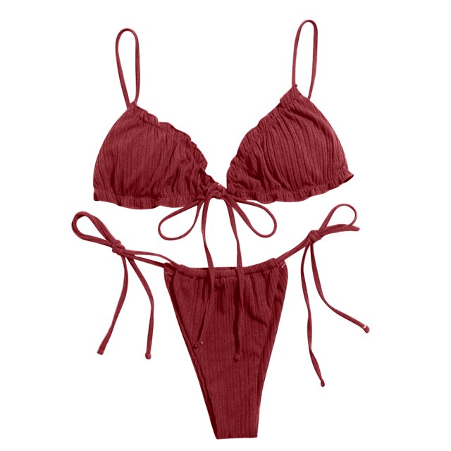Womens 2 Piece Swimsuits Three-Point Bikini Skinny Hot Spring with Small Breasts Wine Women Bathing Suits S